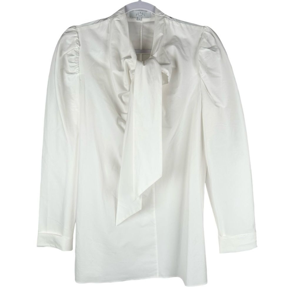 Pearl Lela Rose White Tie Bow Neck Puff Long Sleeve Poplin Blouse Shirt Size 6